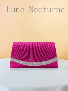 1pc Fuchsia Sequin Elegant Mini Pleated Clutch Bag With Rhinestone, Suitable For Wedding, Banquet, Party - Hot Pink - View 3