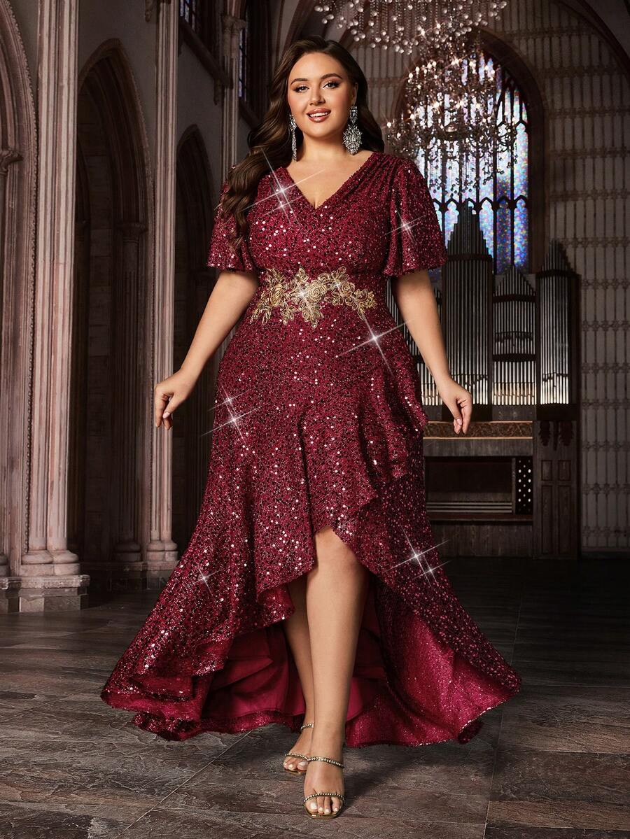 Glamorous Curve Women Sequins Formal Dress Appliques Evening Gown Plus Size Asymmetrical Hem Flounce Sleeve Party Prom Dresses