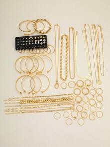 88/56 Simple Fashionable Vintage Metal Geometric Faux Pearl Pendant Necklace Set, Faux Pearl Rhinestone Earring Set, Butterfly Heart Stackable Ring Set, Metal Geometric Bracelet Set, Women Jewelry Set, Suitable For Vacation, Date, Daily, Party, Wedding, Christmas, Valentine's Day - 金黃色 - 查看 10