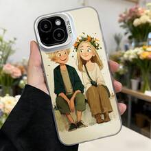 Cubierta de teléfono con diseño de dibujos animados para iPhone color blanco con ilustración de pareja sentada en jardín floreciente y texto CASENO ideal para uso diario y amantes de la moda floral Aplicable a los teléfonos de la serie Apple y Galaxy - Negro - Ver 3