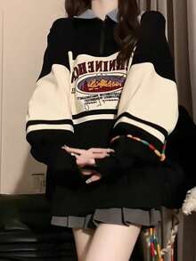 Spring/Autumn 2025 Women's High-End American Retro Polo Neck Sweatshirt, Relaxed Style Top - Black [high Quality Thin] - View 5