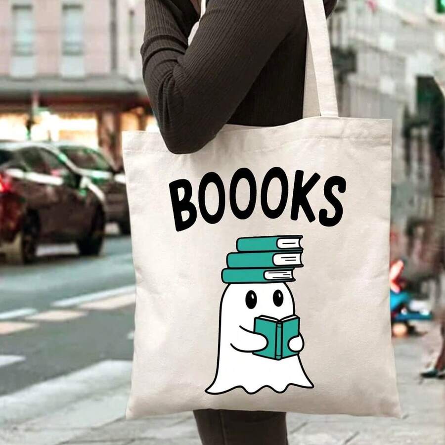 Tote Bag Beige Reading Books Print For Library School Office Use, Study Accessories, School Supplies, Simple Style, Casual Tote, Lightweight Material, Washable Fabric, Multipurpose Bag, Reusable Bag, Students, Professionals - 白色 - 查看 1