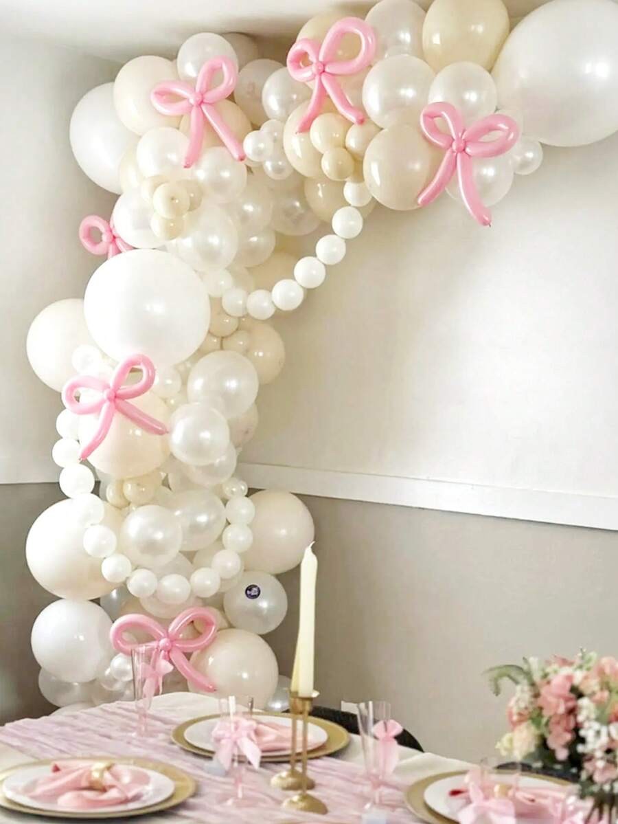 102pcs White Flower Arch Kit, Includes White Latex Balloons And Pink Magic Balloons Forming Bows, Suitable For Wedding, Engagement, Bridal Shower, Birthday, Baby Shower Party Decoration, Tea Party Themed Photography Props - Multicolor - View 1