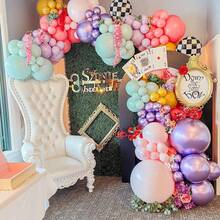 129 piezas Conjunto de corona de globos temática, incluye globos de aluminio con diseños de mariposa, seta y tablero de ajedrez, así como globos de látex metálicos en rosa, rosa, morado, amarillo y verde. Adecuado para fiestas de cumpleaños, baby shower, decoración al aire suministros para fiestas con temática de maravillas. - Multicolor - Ver 5