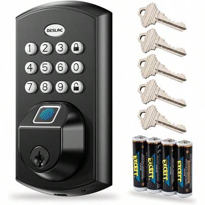 Cerradura de puerta con huella digital y teclado DESLOC A100F, entrada sin llave para puerta principal, cerradura inteligente con perno muerto, fácil instalación, puerto de alimentación de emergencia, batería de hasta 12 meses de duración, diseño resistente al agua IP54, incluye 5 llaves de respaldo para acceso y confiable en el hogar