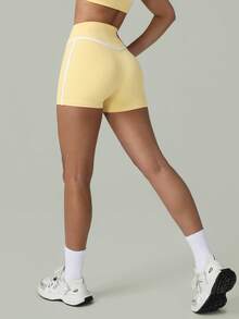 女士高腰撞色条纹瑜伽短裤，适合举重、训练和跑步 - 黃色 - 查看 6
