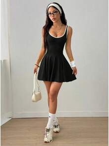 Women Dress Women'S High-Elasticity Sports Dress With Built-In Bra & Shorts - Sleeveless Twist-Cut Tennis Skirt For Gym, Yoga, Casual Wear - Vibrant Pink, Yoga Apparel, Formfitting Silhouette, Durable Sportswear - 黑色 - 查看 3
