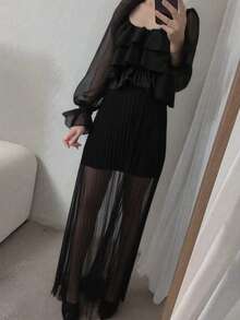 A-Line Pleated Skirt For Women, Elegant Midi Length - Black - View 2