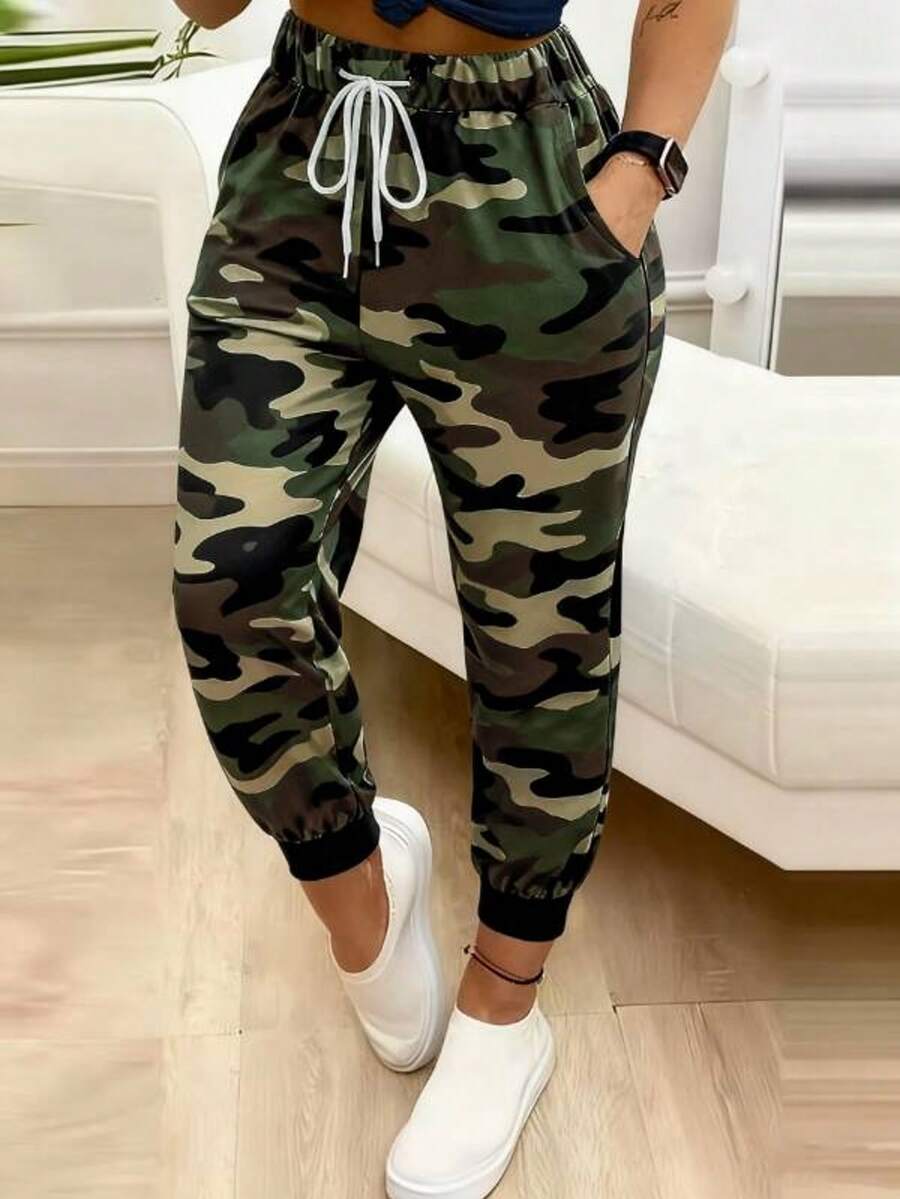 European & American Style Women's Fashion Casual Drawstring Side Pocket Camouflage Print Slim Fit Cropped Ankle Pants - Army Green - View 1