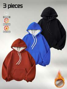 Haut en coton pour homme, sweat-shirt à épaules tombantes pour homme, sweat-shirt à capuche épais et chaud, ample, idéal pour l'automne et l'hiver, adapté aux températures froides, ensemble multicouche. - Noir + Rouge + Bleu - Voir 1