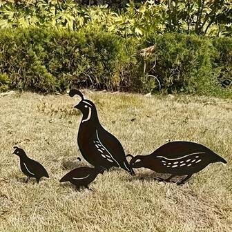 4 件套鹌鹑家族花园装饰插牌 – 2D 聚丙烯户外庭院装饰，包含两只大鹌鹑和两只小鹌鹑，艺术栅栏和草坪装饰
