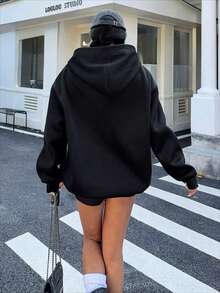 Skeleton Holding Coffee Cup Graphic Oversized Hoodies For Women, Letter Print Winter Clothes, Loose Fit Long Sleeve Pocket Pullover, Womens Sweatshirts Black White Options, Winter Fashion Pullover Tops, Suitable For Parties, Outdoor Activities, And Leisure, Gift For Women, Perfect Holiday Gift, Size S-3XL - 黑色 - 查看 3