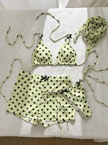 沙滩泳池派对时尚性感波点印花蝴蝶结配饰网纱围巾平角裤四件套比基尼分体泳衣女 - 黃色 - 查看 6