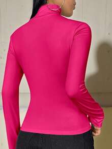 Camiseta de manga larga de cuello alto de unicolor y ajuste ceñido para mujer, adecuada para primavera/otoño/invierno de uso casual - Rosa Fucsia - Ver 6