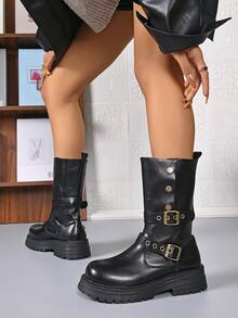 Women's Winter Thick Sole Comfortable Soft Bottom Fashion Slip-On Buckle Versatile Warm Dress Boots, Waterproof And Cold-Resistant - Black - View 6