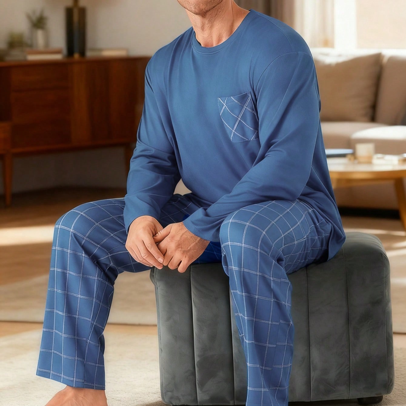Set de pijama de 2 piezas con sudadera holgada minimalista con bolsillos y pantalón de franela para hombres de talla grande, adecuado para primavera,