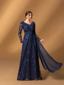 Faeriesty Vestido elegante de la madre de la novia con cuello en V, manga larga y silueta evasé con bordados florales y detalles transparentes - Perfecto para ceremonias de boda, galas formales, celebraciones de aniversario, cenas de etiqueta y eventos nocturnos de alta gama