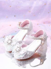 Zapatos de tacón alto con cristales azules para niñas, nuevas sandalias infantiles, zapatos con decoración de lazo de encaje hueco y medio cerrado, zapatos de fiesta de princesa con brillo y chispa - Diseño de hebilla con brillo de colores, tacón pequeño cómodo para niñas - Plateado - Ver 4