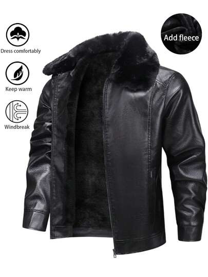 Men's Solid Color Warm Thermal Lined Windproof Waterproof Jacket With Fur Collar, Autumn/Winter