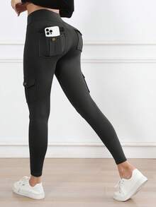 3pcs Women's Outdoor Cargo Pockets Skinny Pants, Washed & Camouflage Print High Waist Tight Leggings For Sports, Casual, Fitness