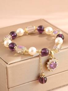 1 件天然淡水珍珠和紫水晶手链女士轻奢微镶嵌向日葵吊坠串珠手链，最佳朋友礼物情人节、妈妈、母亲、母亲节、礼物 - 串珠手鍊 - 查看 3