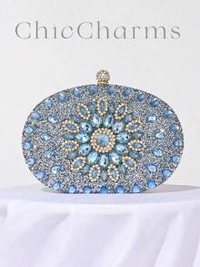 闪闪发光的奢华水钻装饰手提包，小手拿包，优雅适合晚礼服、婚礼、派对，配有金属链，时尚女士手提包，新娘钱包 - 淺藍色 - 查看 10