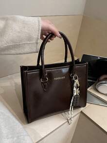 Women's Minimalist Elegant Handbag, Solid Color Fashion Tote Bag, Zipper Closure, Detachable Shoulder Strap, Spacious Interior, High-Quality PU Leather, Durable And Lightweight Outdoor Handbag, Suitable For Carrying In Autumn/Winter, Shoulder And Crossbody, Retro Style, Women's Work Bag, Daily Commute Bag, Suitable For Travel And Shopping, Strolling, With Pendant - Multicolor - View 5