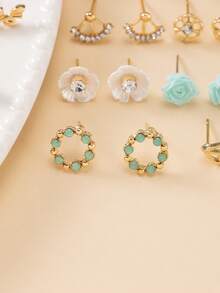 30 Pairs/Set Women's Daily Fashion Stud Earrings, Flower, Star, Moon, Rhinestone, Metal, Faux Pearl, Multiple Styles, Cute & Minimalist, Suitable For Casual Wear, Holiday Gifts - Multicolor - View 4