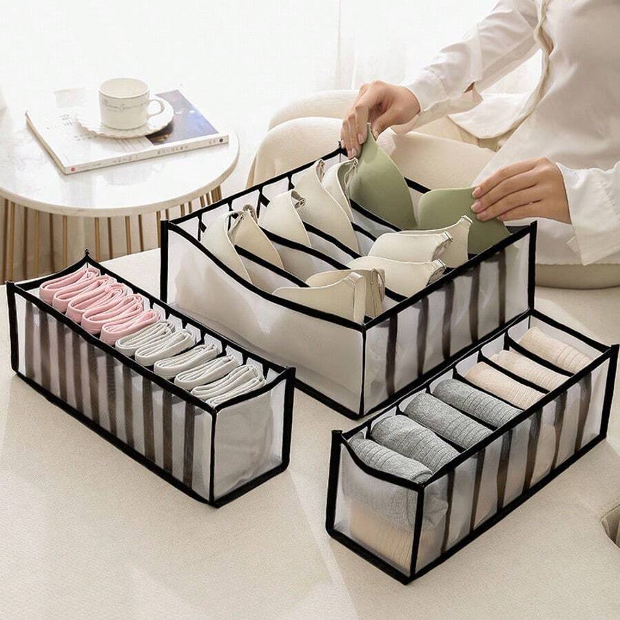1 pieza/3 piezas Caja de almacenamiento plegable, organizador de cajones para bufandas y ropa interior, bolsa de almacenamiento de armario con rejilla, unicolor para uso en todas las estaciones - Multicolor - Ver 1
