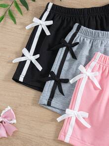 3件套女童休闲纯色弹力腰短裤，带蝴蝶结装饰，夏季 - 彩色 - 查看 4