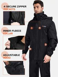 RODEEL Chaqueta de lluvia para pesca de hombres, a prueba de viento y transpirable de secado rápido, diseño de múltiples bolsillos, puños con , pantalones con peto ajustables, opción ideal para entusiastas del aire libre en color negro - Negro - Ver 3