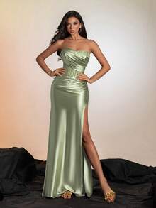 VIPGIRL Elegant Burgundy Strapless Satin Fitted Evening Gown, Featuring Ruched Details And High Slit, Floor-Length, Formal Evening Dress, Women's Formal Gown, Women's Ball Gown, Bodycon Dress - Mint Green - View 5