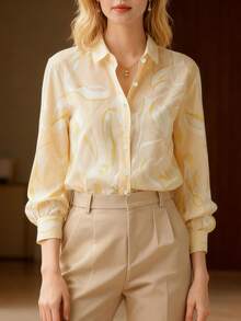 优雅女士长袖印花法式衬衫，纽扣开合，衬衫领设计，通勤上衣 - 淡黃色 - 查看 2