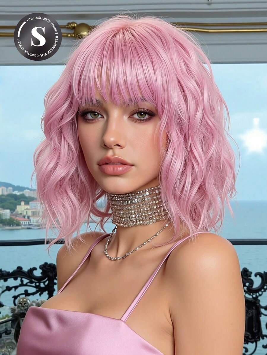 12 Inch Pink Short Curly Wave Wig With Bangs Synthetic Heat Resistant Wig For Women Comfortable And Stylish Suitable For Everyday Wear -Party Holiday Cosplay Or Festival Beautiful Wigs For Women - Pink - View 1