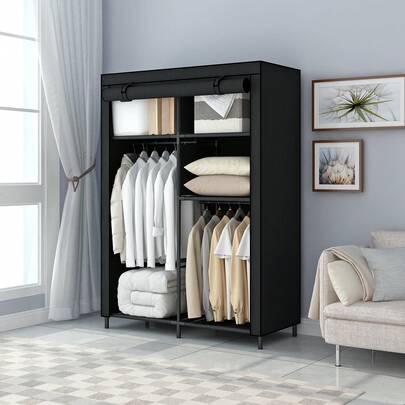 黑色简约衣柜，简约壁橱，小型储物衣柜，便携式衣柜，衣架，加厚钢管加固卧室组装家用储物柜，宿舍多层储物整理柜，适用于卧室、客厅、公寓和办公室，简约衣柜租赁衣柜组装，多隔层