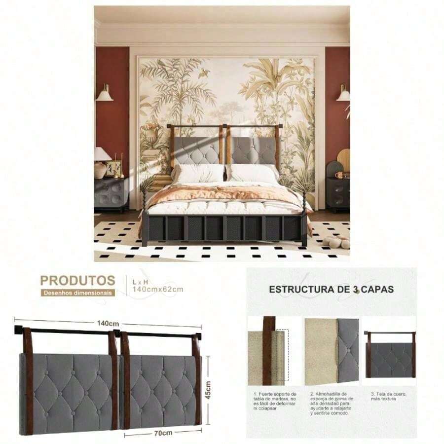 Cabecera con Tapizado, Cabecero de Pared, Cabecera Matrimonial Tapizada, El Tamao 140 * 45 * 5. Gris - Gris - Ver 1