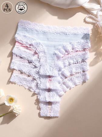 4条装性感女士蕾丝拼接低腰无缝罗纹丁字裤，柔软舒适透气，适合瑜伽、运动和日常穿着。