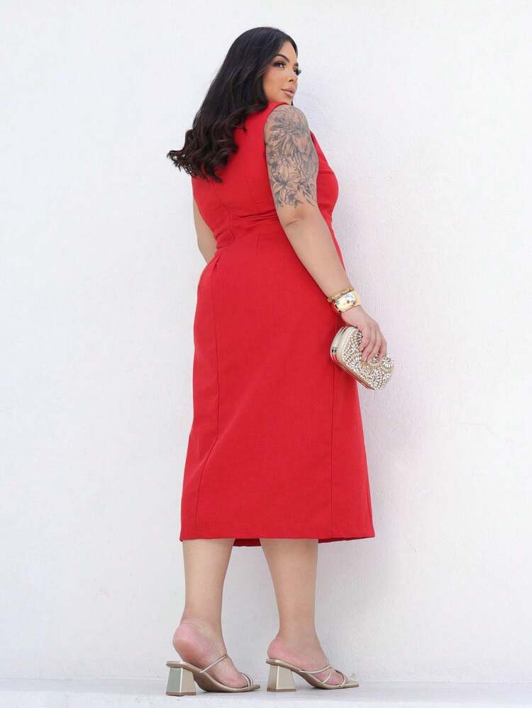 Plus Size Midi Linen Dress, Sophisticated, Casual, Elegant, Linen Evening, Holiday, Wedding, Office. - Đỏ - Xem 2