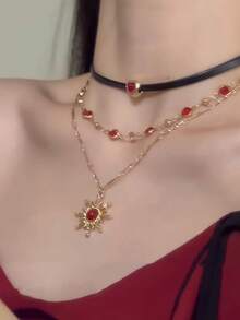 2pcs Red Sun Multilayer Pendant Necklace Set, Fashion Jewelry For Women - Red Sun - View 2