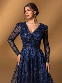 Faeriesty Đầm dạ hội Mosy Elegant dành cho mẹ cô dâu: Đầm ren đính sequin với tay áo voan mỏng – Thiết kế lãng mạn tinh tế cho tiệc cưới trên bãi biển, buổi hẹn hò và các buổi tiệc tối trang trọng. - Màu xanh hải quân - Xem 6