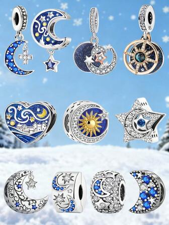1Pc Fashionable 925 Sterling Silver Moon Stars Night Series Charm Bead Fit For Women Bracelets Bangles DIY Jewelry Making And Daily Outfit Matching Jewelry Decoration For Girls