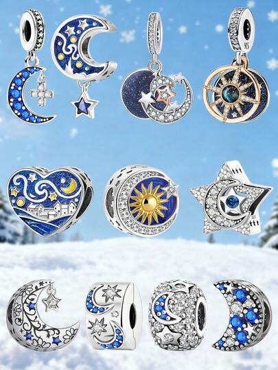 1 pieza Elegante cuentas de plata de ley 925 con diseño de luna y estrellas de la serie nocturna, adecuado para pulseras y brazaletes de mujer, manualidades de joyería DIY y combinación con atuendos diarios, decoración de joyería para niñas