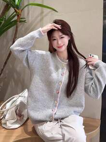 Korean Style Knitted Cardigan, Loose And Sweet Design, Autumn/Winter - Light Grey - View 5