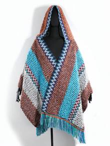 1件女士时尚几何菱形图案流苏波西米亚风连帽斗篷，适合休闲外出、日常穿着、旅行和度假。 - 彩色 - 查看 14