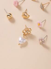 30pcs/Set Women's Fashion Earrings Set, Rhinestone, Metal, Faux Pearl, Cute Flower, Bow, Heart Shaped, Casual, Daily Wear, Simple Jewelry Gift - Multicolor - View 4