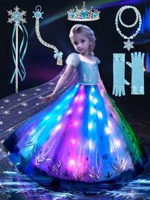 Kids Dress Up Costume, Girls Light Up Princess Dress, Christmas Costumes With Blue Cape, For Halloween And Birthday Party, Cosplay Costume - Blue - View 3