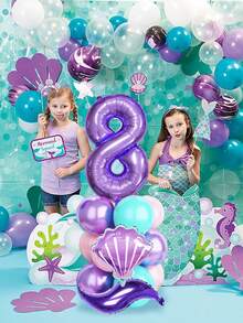 18件套美人鱼主题生日数字气球套装，包含32英寸紫色数字0-9、贝壳气球、粉色/蓝色/紫色乳胶气球，适用于生日派对装饰、美人鱼主题派对、生日派对用品、海底/海洋主题派对、夏季海滩装饰、美人鱼公主生日派对、沐浴主题派对。 - 彩色 - 查看 4