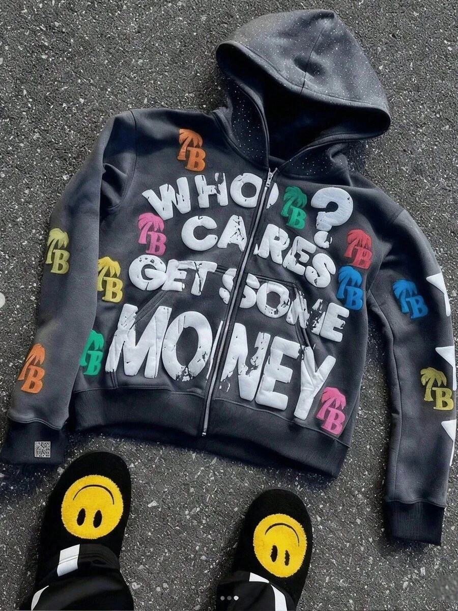 Harajuku Hoodies For Women Letter Foaming Print Hooded Sweatshirt Punk Full Zipper Jacket Y2k Oversized Hoodies Garbage Coat - 黑色 - 查看 1