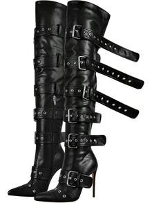 Multi Buckle Strap Over The Knee Pointed Toe Belts Stiletto Heeled Booty Thigh HighChristmas - Black - View 1