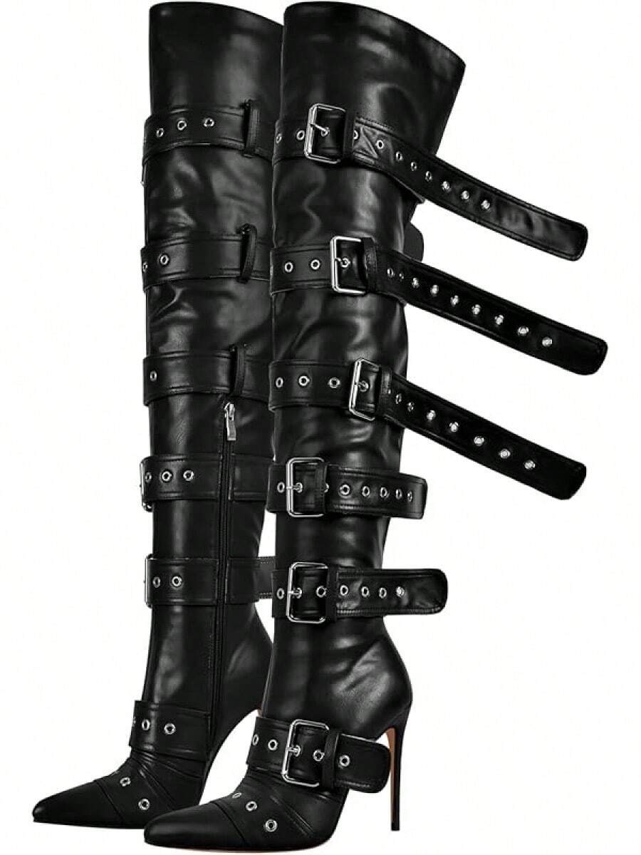 Multi Buckle Strap Over The Knee Pointed Toe Belts Stiletto Heeled Booty Thigh HighChristmas - Black - View 1